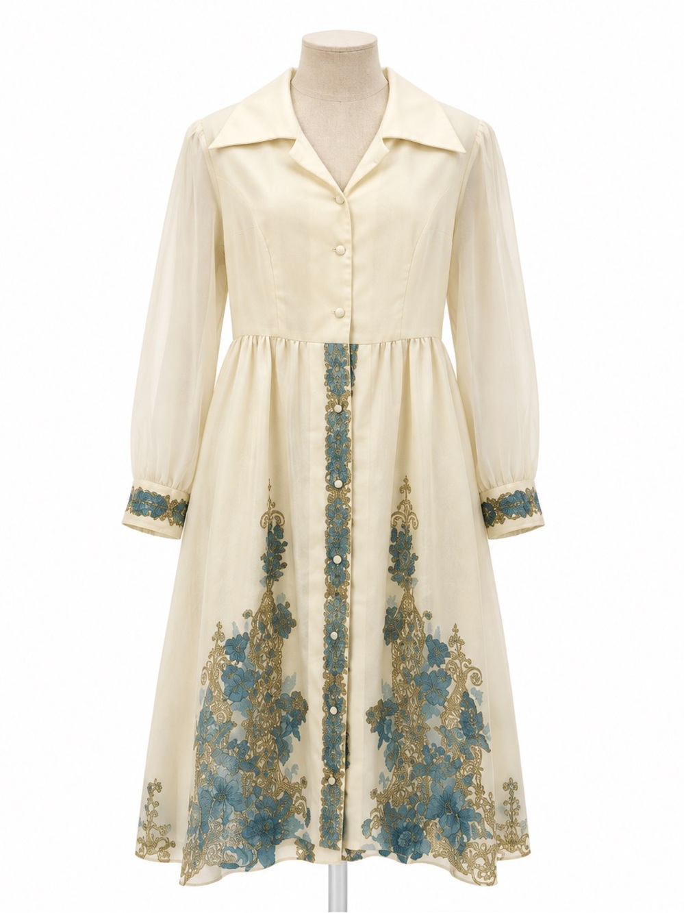 Alfred Shaheen Cream Blue Pattern Hawaii Vintage 70s Midi Dress Size 10 USA